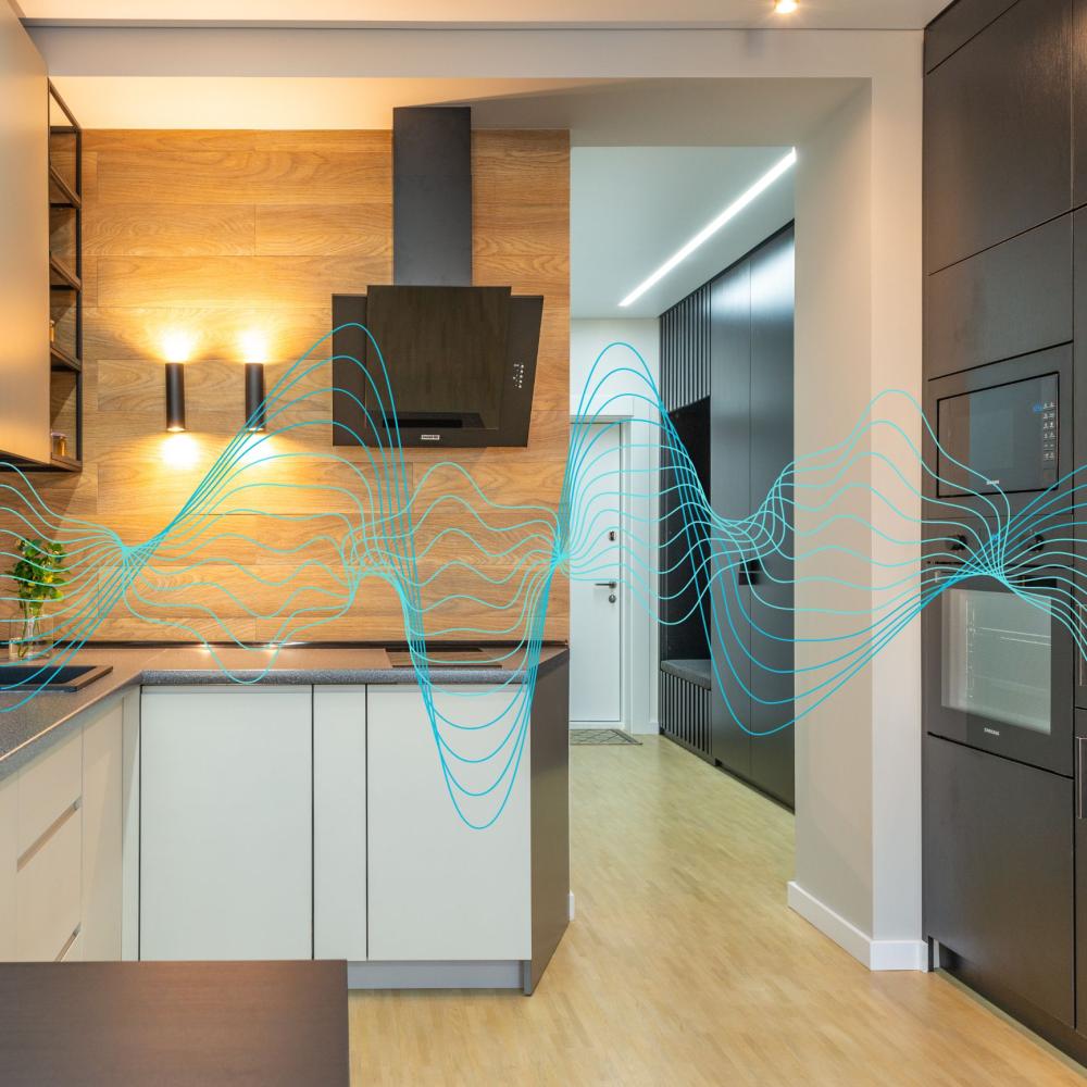 Smart kitchen with waves representing EMC noise