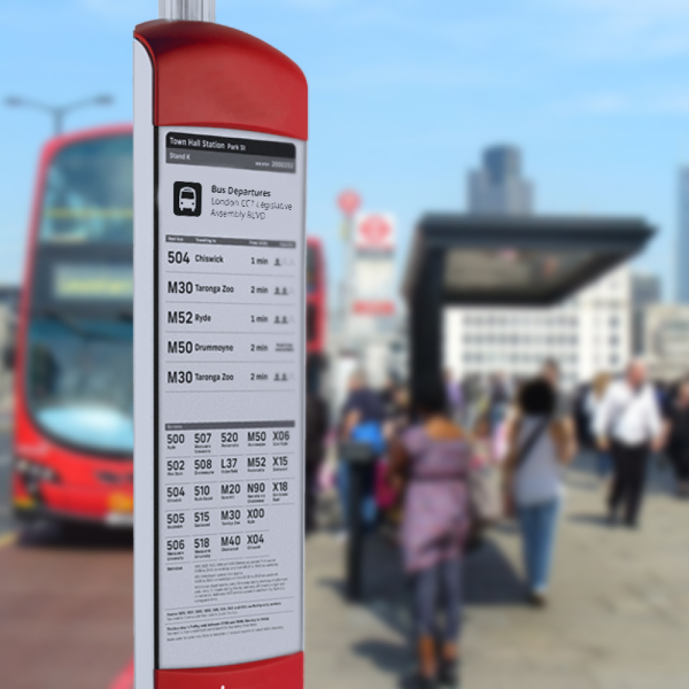 e-paper display on a bus stop totem pole