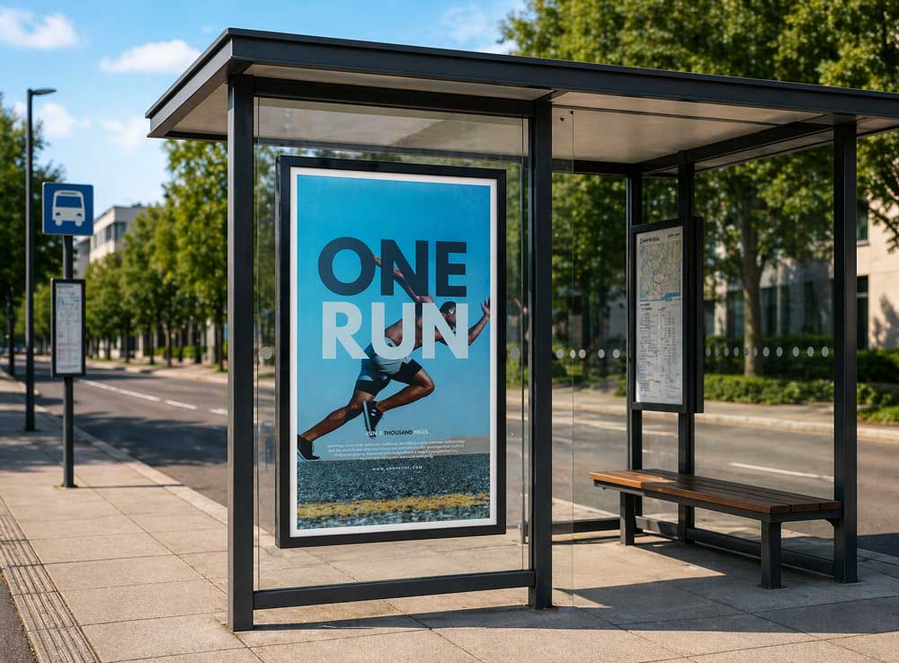 Cholestric-LCD display showing digitcal signage advertising at a bus stop